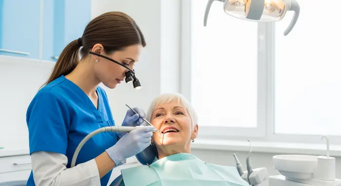 Zahnärztin reinigt Zähne einer Seniorin professionell; helle Praxis, freundliche Atmosphäre.