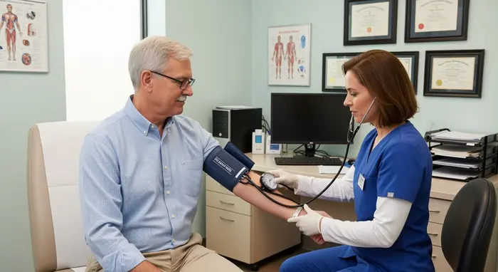 Hausärztliche Vorsorgeuntersuchung: Senior erhält Blutdruckmessung; ruhige Praxisumgebung.