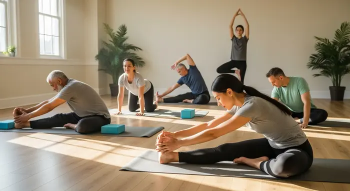 Kleingruppe macht sanfte Yoga-Übungen in einem hellen Kursraum; verschiedene Altersgruppen.