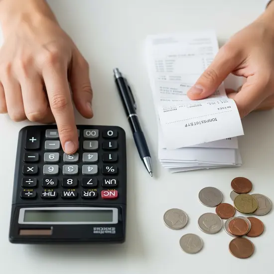Nahaufnahme von Händen, die mit Taschenrechner und Belegen arbeiten; Münzen und Stift liegen daneben; keine lesbaren Zahlen.