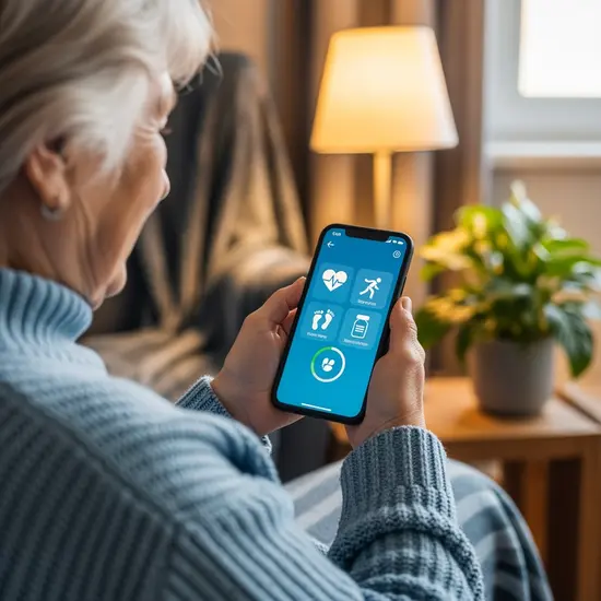 Seniorin nutzt eine Gesundheits-App auf dem Smartphone; klare, textfreie Symbole; gemütliches Wohnzimmer im Hintergrund.