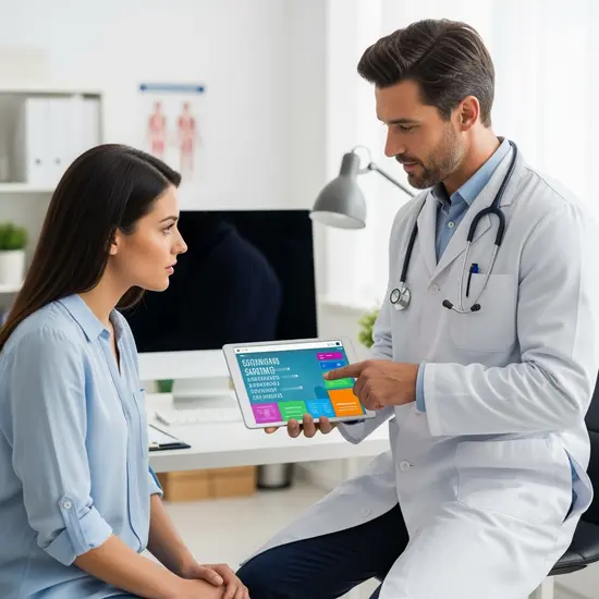 Arzt zeigt einer Patientin die elektronische Patientenakte auf einem Tablet; übersichtliche, nicht lesbare Darstellung.