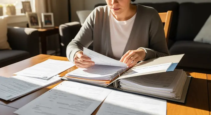Pflegende Angehörige sortiert Unterlagen und Arztberichte in einem Ordner am Wohnzimmertisch.