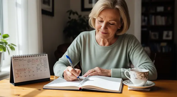 Seniorin schreibt Notizen in ein Pflegetagebuch; Stift, Kalender und Tasse Tee daneben.