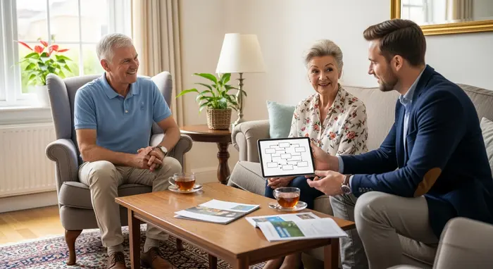 Beratungsgespräch mit Pflegeberater im Wohnzimmer; entspannte Atmosphäre, alle schauen auf einen einfachen Ablaufplan ohne Text.
