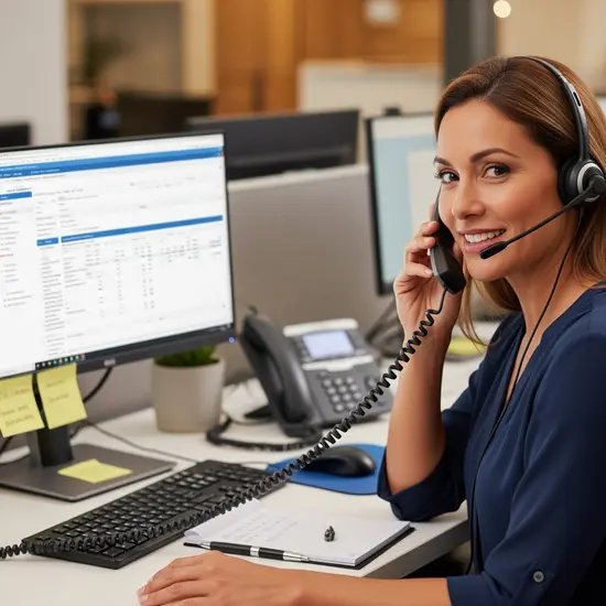 Mitarbeiterin einer Pflegekasse telefoniert freundlich mit einem Versicherten; Headset, Computer und Notizblock auf dem Schreibtisch.