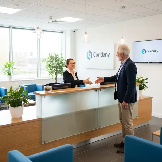 Heller Servicebereich mit Empfangstheke; freundliche Beraterin begrüßt einen älteren Mann.