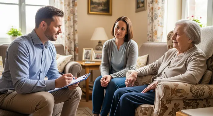 MDK-Gutachter besucht Seniorin zu Hause; er macht sich Notizen, während eine Angehörige dabei sitzt.