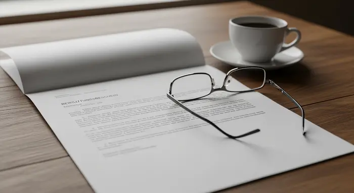 Brief mit Bewilligungsbescheid liegt geöffnet auf einem Tisch; daneben liegen Brille und Kaffeetasse, keine lesbare Schrift.