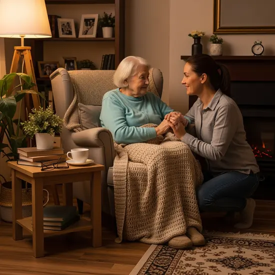 Ältere Frau wird liebevoll von ihrer Tochter zu Hause betreut; gemütliches Wohnzimmer mit warmem Licht.