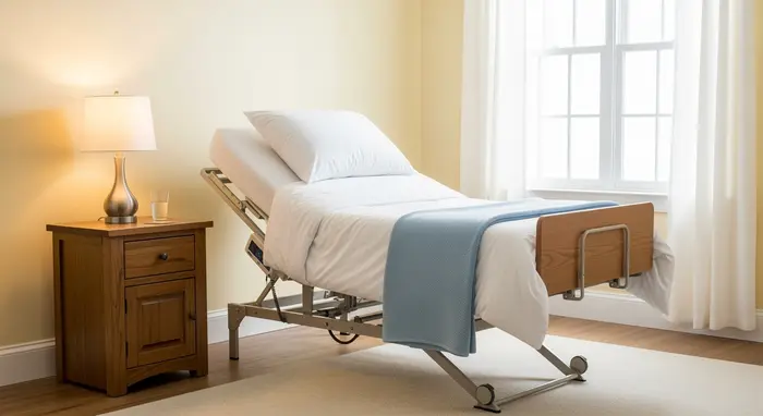 Pflegebett mit höhenverstellbarem Rahmen in einem hellen Schlafzimmer; Nachttisch mit Lampe und Wasser.