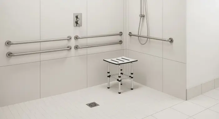 Badezimmer mit Duschhocker und Haltegriffen; bodengleiche Dusche, barrierefreie Ausstattung.