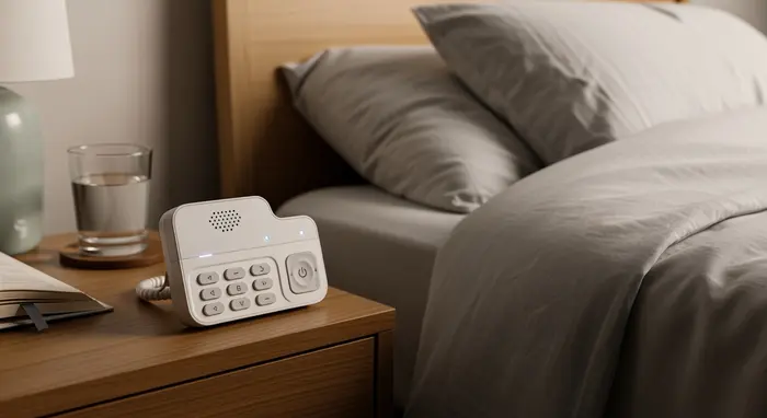 Hausnotruf-Gerät auf einem Nachttisch neben dem Bett; dezentes Design, klare Tasten ohne Text.