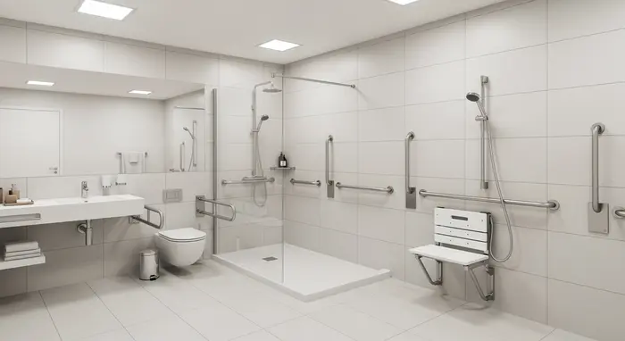 Barrierefreies Badezimmer mit bodengleicher Dusche, Haltegriffen und Duschsitz; helle Fliesen, klare Linien.