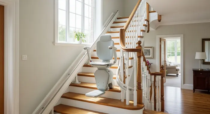 Moderner Treppenlift an einer Holztreppe in einem Einfamilienhaus; neutraler Stil, viel Tageslicht.