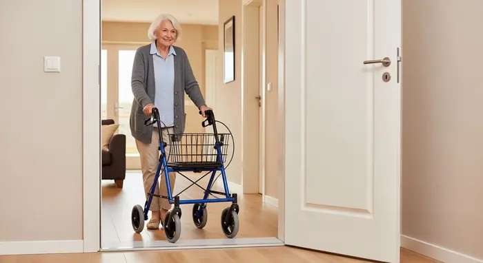 Verbreiterte Tür mit flachem Übergang; Seniorin fährt mit dem Rollator bequem durch.