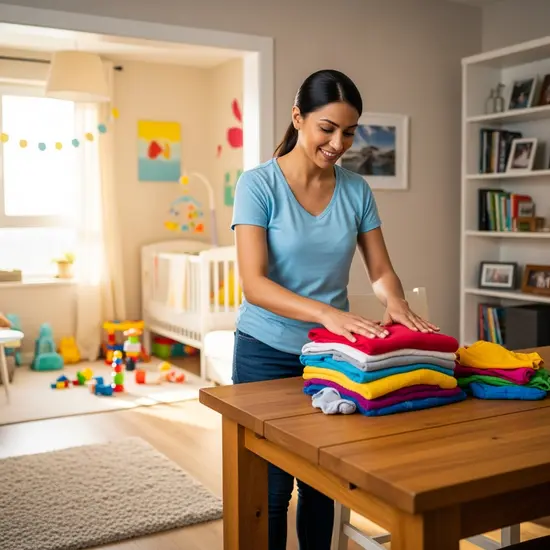 Haushaltshilfe faltet Wäsche in einer Familienwohnung, im Hintergrund ein Kinderzimmer; freundliche Stimmung, praktische Unterstützung.