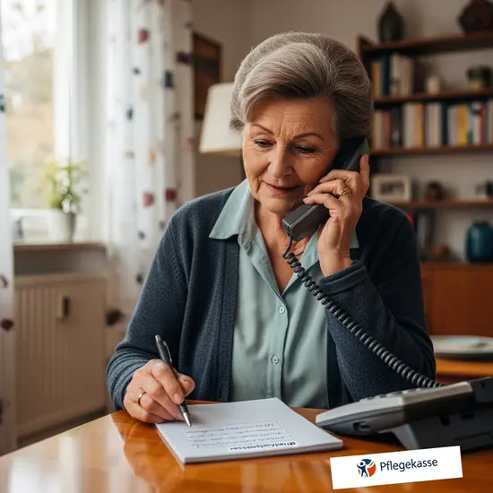 Ältere Frau telefoniert mit einer Pflegekasse; Notizblock und Stift liegen bereit, ruhiger Wohnraum.