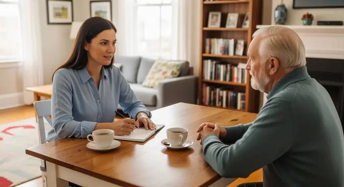 Pflegegutachterin besucht einen Senior zu Hause; beide sitzen am Wohnzimmertisch, Notizblock und Stift sichtbar; warme, wohnliche Atmosphäre.