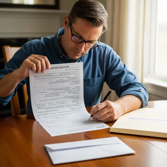 Mann füllt sorgfältig ein Formular am Esstisch aus; Ordner und Umschlag liegen daneben.
