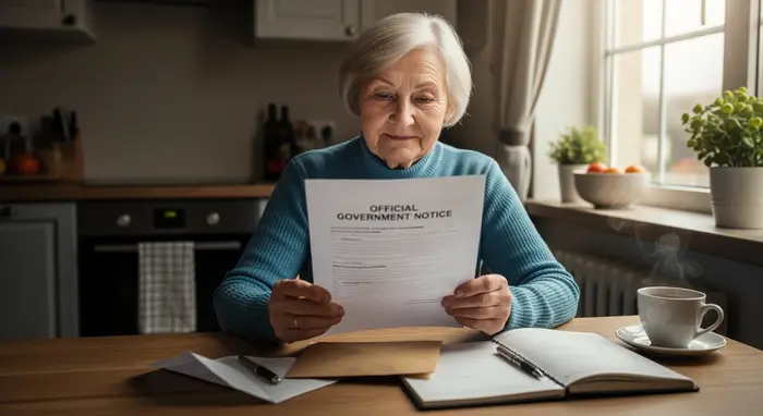 Seniorin überprüft einen Behördenbescheid am Küchentisch und verfasst einen Widerspruch; Stift, Briefumschlag und Terminplaner liegen bereit.