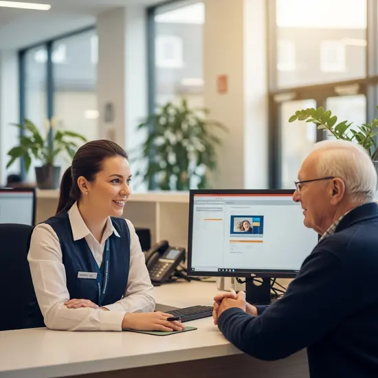 Beratungsgespräch im Servicecenter: Mitarbeiterin sitzt an einem Schalter und spricht mit einem älteren Kunden; freundliche Atmosphäre.