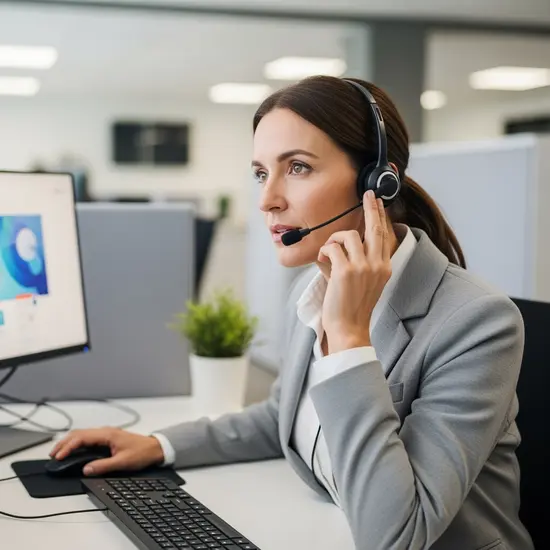 Mitarbeiter in einem Callcenter beantwortet Anrufe; Headset, neutrale Arbeitsumgebung, konzentrierter Ausdruck.