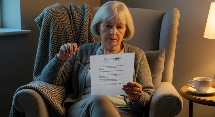 Seniorin liest aufmerksam ein Informationsblatt zu ihren Rechten; gemütlicher Sessel, Lesebrille in der Hand, neutraler Text nicht lesbar.