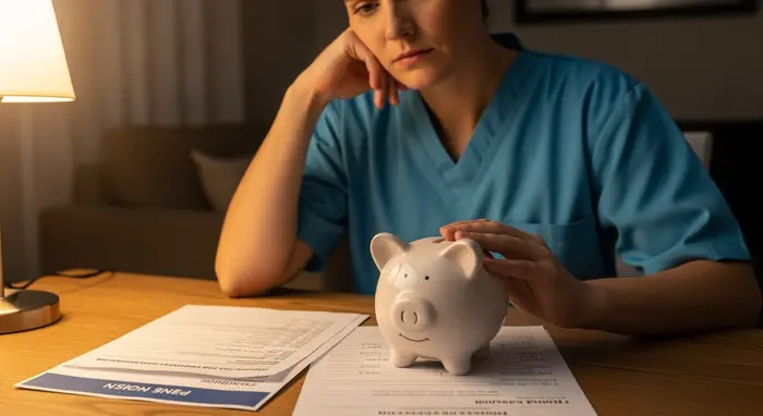 Pflegender Angehöriger sitzt am Tisch mit einem Sparschwein und Rentendokumenten; nachdenklicher Blick, warme Lichtstimmung.