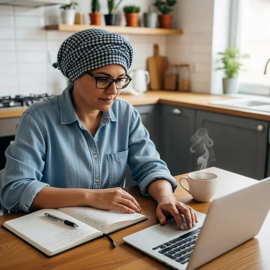 Erwachsene Angehörige lernt mit einem Laptop am Küchentisch; Notizbuch, Tasse Tee und ruhige Umgebung.