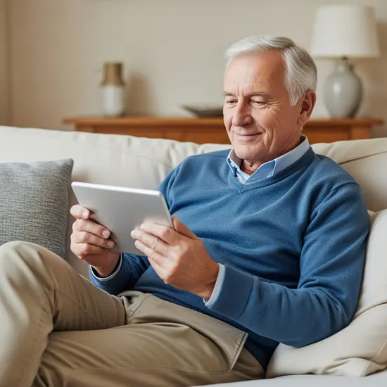 Älterer Mann nutzt ein Tablet auf dem Sofa, um sich über Pflege zu informieren; entspannte Haltung, klare Darstellung ohne lesbaren Text.