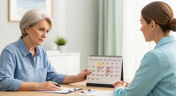 Symbolische Szene: Pflegende Angehörige betrachtet einen markierten Kalender und spricht mit einem Berater; neutrale Umgebung, kein lesbarer Text.