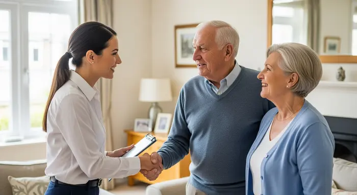 Abschlussgespräch: Pflegeberaterin verabschiedet sich freundlich von einem älteren Ehepaar nach erfolgreicher Beratung; Handshake, freundliche Mienen.