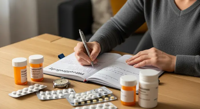 Pflegende Angehörige führt ein Pflegetagebuch auf Papier; daneben liegen Medikamente und eine Uhr zur Zeitdokumentation.