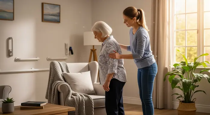 Tochter hilft ihrer Mutter beim Aufstehen vom Sessel; behutsame Unterstützung, helles Wohnzimmer mit Haltegriffen.