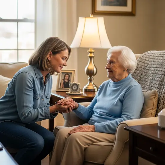 Erwachsene Tochter pflegt ihre Mutter zu Hause; Tochter hält behutsam die Hand der Mutter im Wohnzimmer.