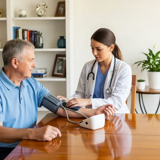 Ambulanter Pflegedienst versorgt einen Senior in seiner Wohnung; Pflegekraft mit professioneller Kleidung, Blutdruckmessung am Esstisch.