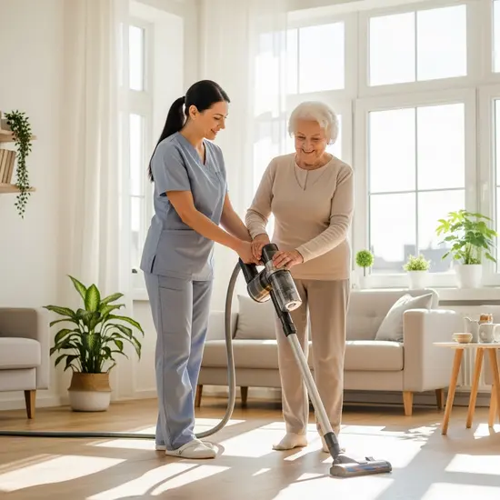 Haushaltshilfe unterstützt eine Seniorin beim Staubsaugen in einer hellen Wohnung; freundliche Atmosphäre, klare Bewegungen.