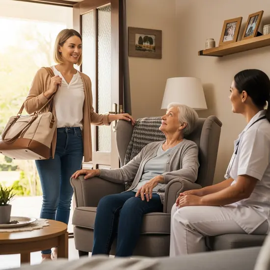 Pflegende Tochter übergibt die Betreuung vorübergehend an eine professionelle Pflegekraft; die Tochter verlässt lächelnd die Wohnung mit Reisetasche.