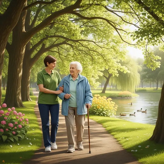 Senior wird von einer Ersatzpflegekraft beim Spazierengehen im Park begleitet; ruhige Umgebung, gegenseitiges Vertrauen sichtbar.