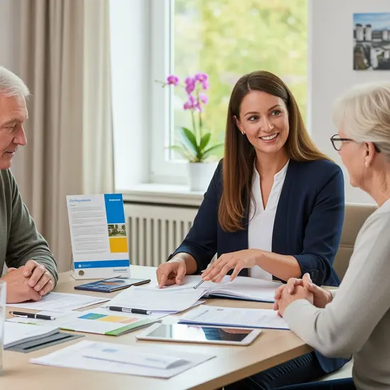 Freundliche Pflegeberaterin erklärt einem älteren Paar am Tisch Leistungen der Pflegekasse, Unterlagen und Stifte liegen bereit, helle moderne Umgebung.