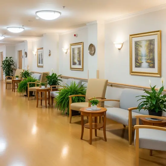 Pflegeheim-Flur mit Sitzgelegenheiten und Pflanzen, ruhige Atmosphäre, hochwertige Einrichtung.
