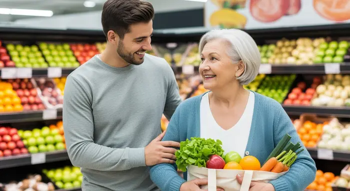 Alltagsbegleiter hilft einer Seniorin beim Einkaufen, Einkaufsbeutel und frisches Obst, freundliches Lächeln.