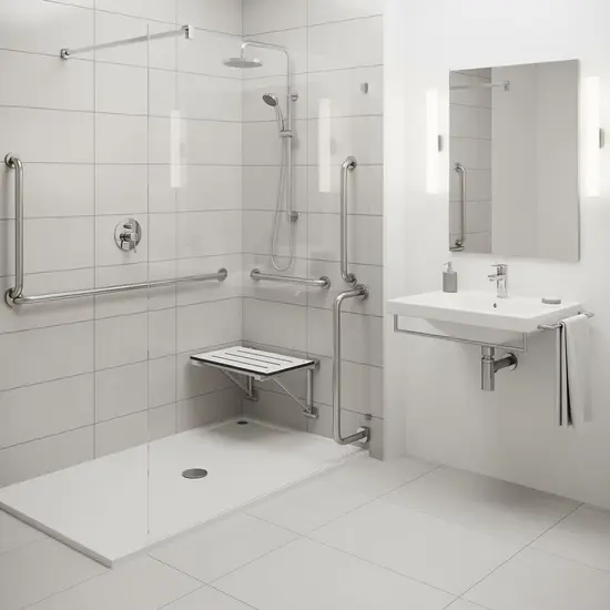 Modernes, barrierefreies Badezimmer mit bodengleicher Dusche, Haltegriffen und Duschsitz.