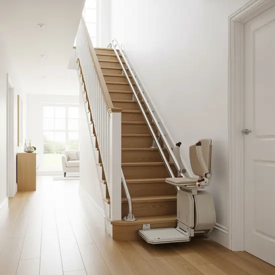 Treppenlift in einem Einfamilienhaus, heller Flur, klare Sicht auf Schiene und Sitz.