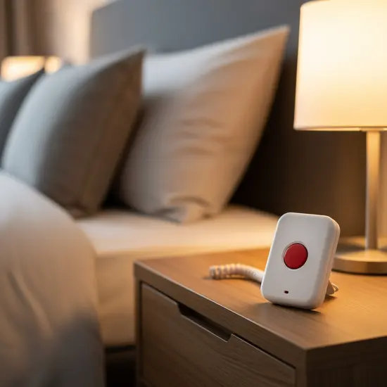 Hausnotruf-Sender auf einem Nachttisch neben einem Bett, schlichtes Gerät mit großer Taste, gemütliches Schlafzimmer.