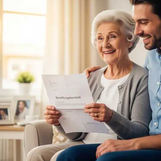 Glückliche Seniorin hält einen Brief mit Bewilligungsbescheid, daneben sitzt Angehöriger, beide lächeln erleichtert.