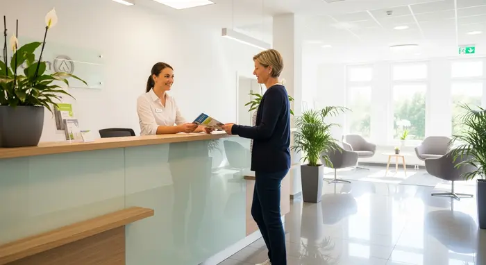 Empfangsbereich einer Krankenkasse mit freundlicher Mitarbeiterin am Schalter, Besucher erhält Auskunft, helle Räumlichkeiten.