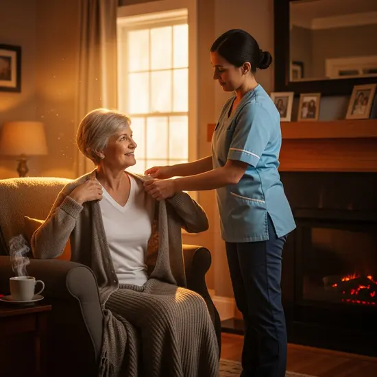 Seniorin wird zu Hause von Pflegerin beim Anziehen unterstützt, warme Wohnumgebung, ruhige Atmosphäre.