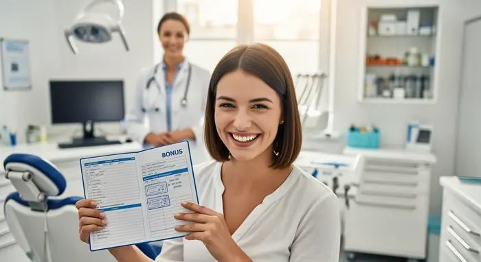 Junge Frau hält Bonusheft und lächelt nach Vorsorgeuntersuchung, Arztpraxis im Hintergrund, freundliche Stimmung.